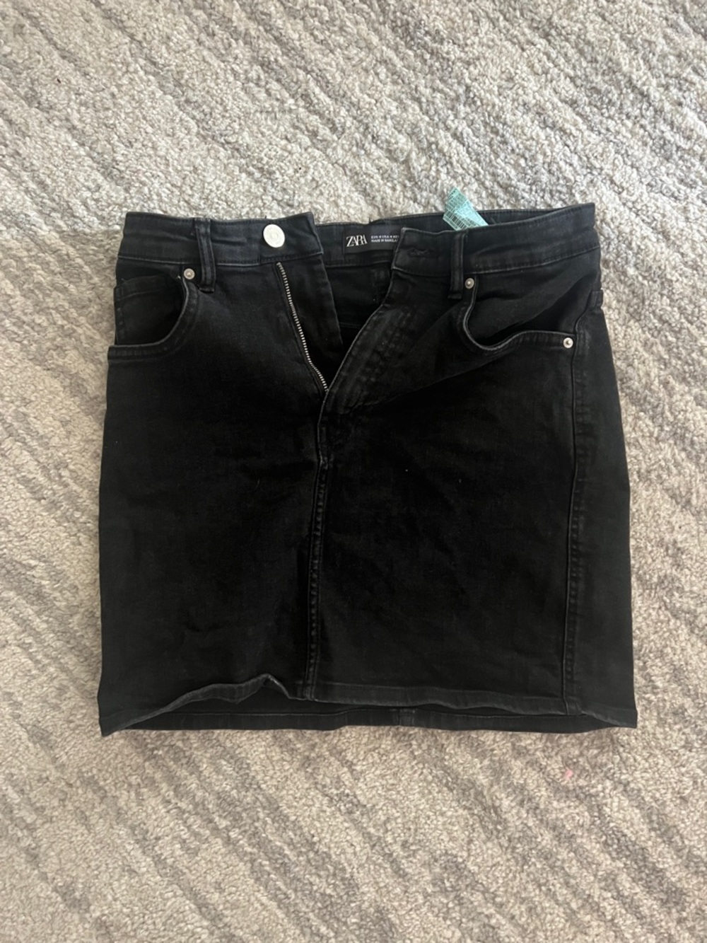 Zara Black Denim Mini Skirt with Front Zip